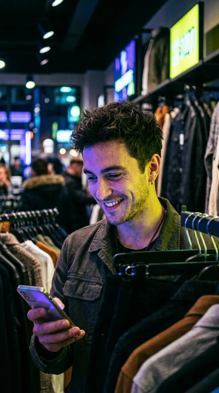 Generated image: a man smiling at his phone between clothing racks.