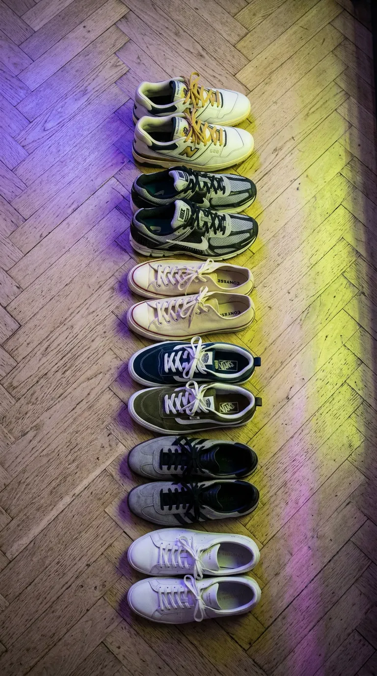 Generated image: several pairs of sneakers lined up on a boutique parquet floor.