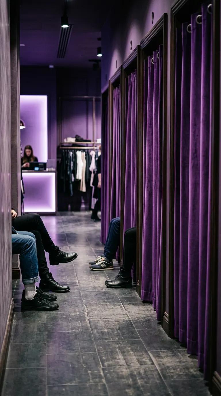 Generated image: feet of people waiting in front of purple fitting-room curtains.