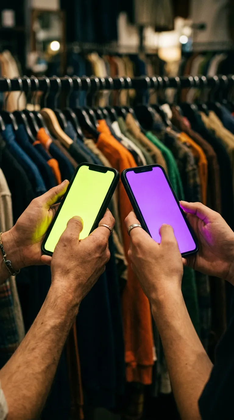 Generated image: two hands holding glowing phones side by side in front of a clothing rack.