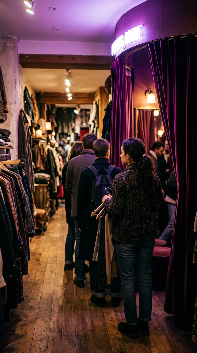 Generated image: shoppers waiting in a line beside velvet fitting-room curtains.