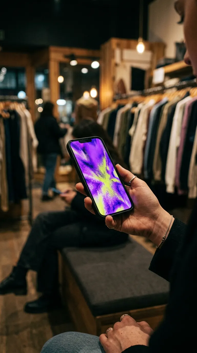 Generated image: a hand holding a phone that glows violet and yellow in a clothing store.
