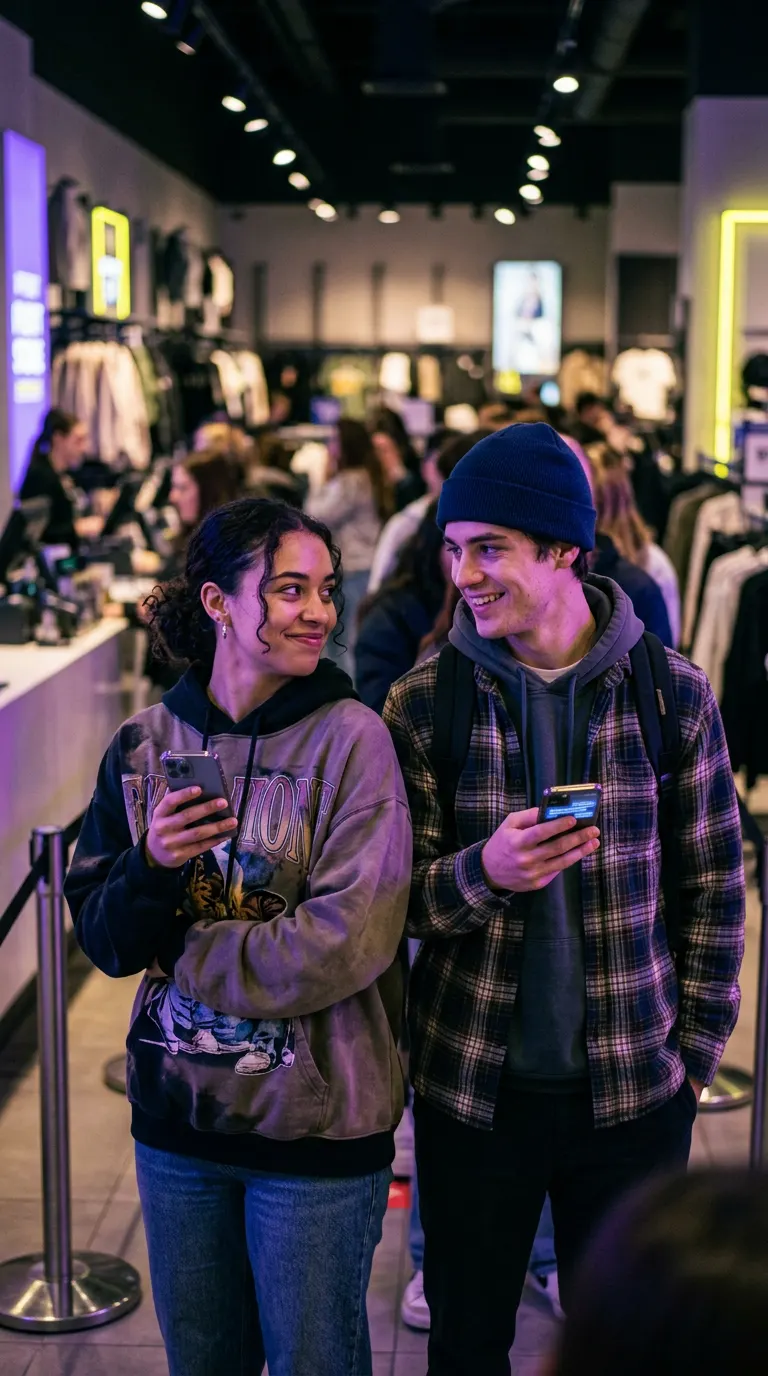 Generated image: two strangers in a store line smiling at each other over their phones.